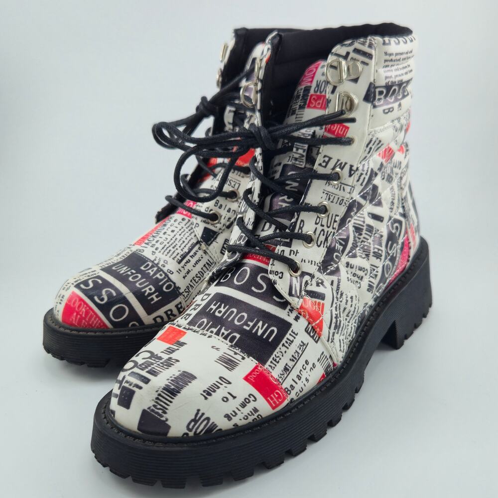 Cape Robbin Women's Size 9 Lace-up Combat Boots Newspaper Print Red White Black